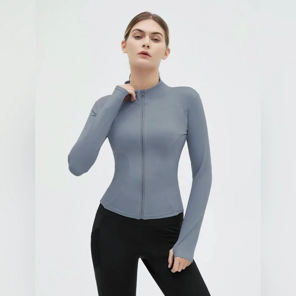 Steel Blue Solid Mock‎ Neck Zip-up